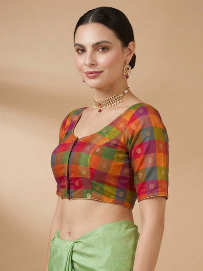 Multicolour Silk Round Neck Saree Blouse