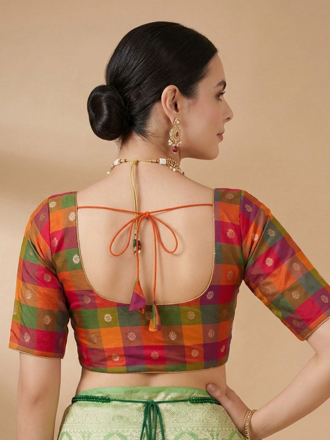 Multicolour Silk Round Neck Saree Blouse