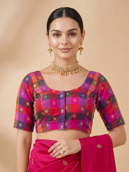 Pink Multicolour Silk Round Neck Saree Blouse