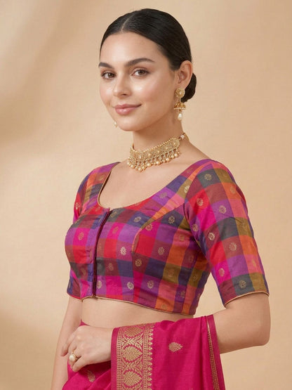 Pink Multicolour Silk Round Neck Saree Blouse