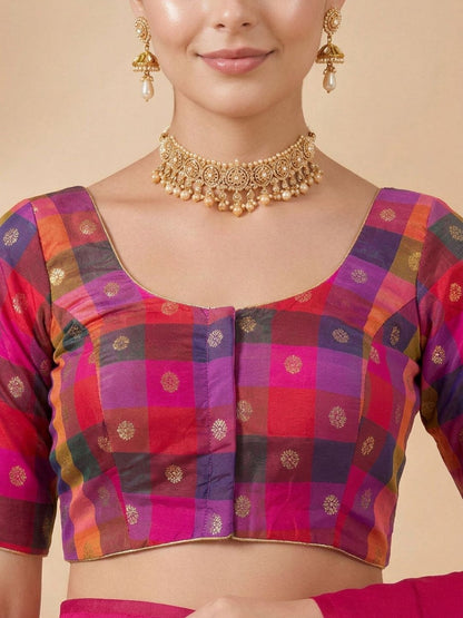 Pink Multicolour Silk Round Neck Saree Blouse