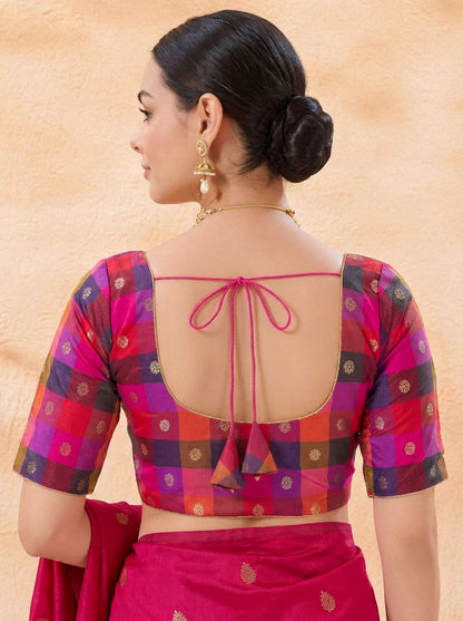 Pink Multicolour Silk Round Neck Saree Blouse