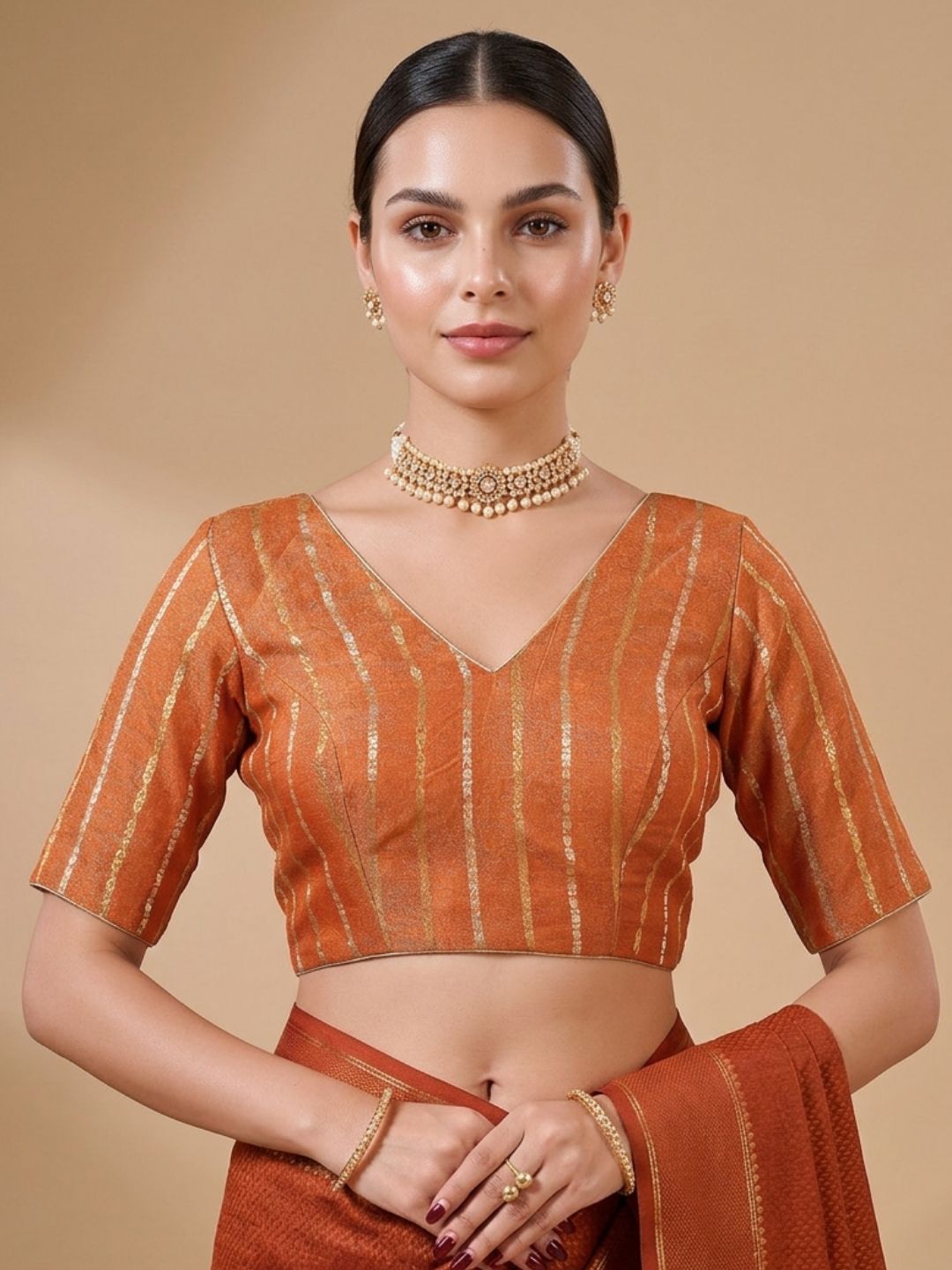 Orange Brocade V Neck Padded Saree Blouse