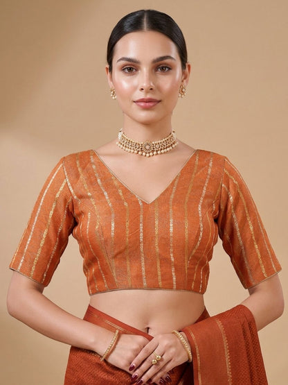 Orange Brocade V Neck Padded Saree Blouse