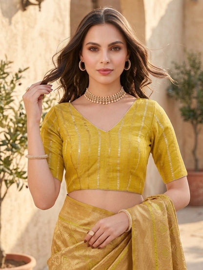 Yellow Brocade V Neck Padded Saree Blouse