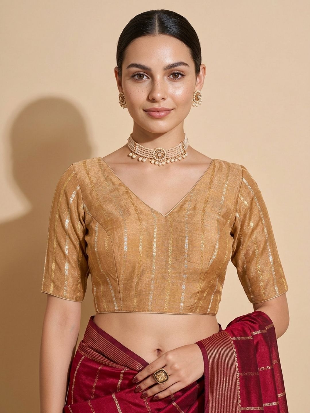 Gold Brocade V Neck Padded Saree Blouse