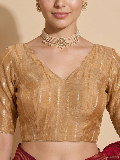 Gold Brocade V Neck Padded Saree Blouse