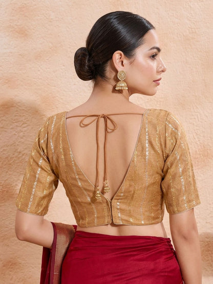 Gold Brocade V Neck Padded Saree Blouse