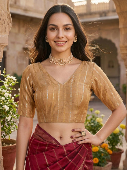 Gold Brocade V Neck Padded Saree Blouse