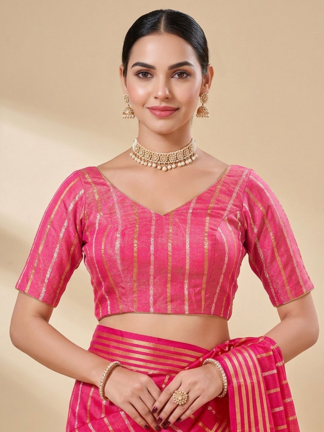Pink Brocade V Neck Padded Saree Blouse