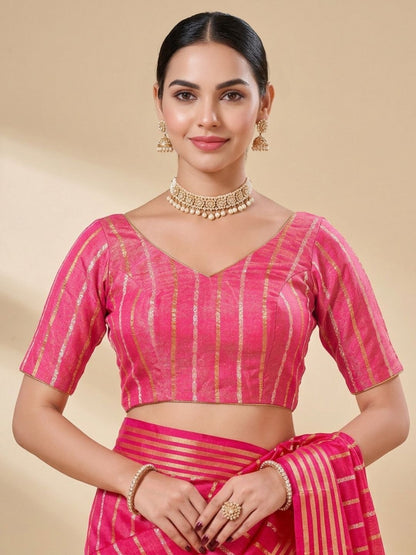 Pink Brocade V Neck Padded Saree Blouse