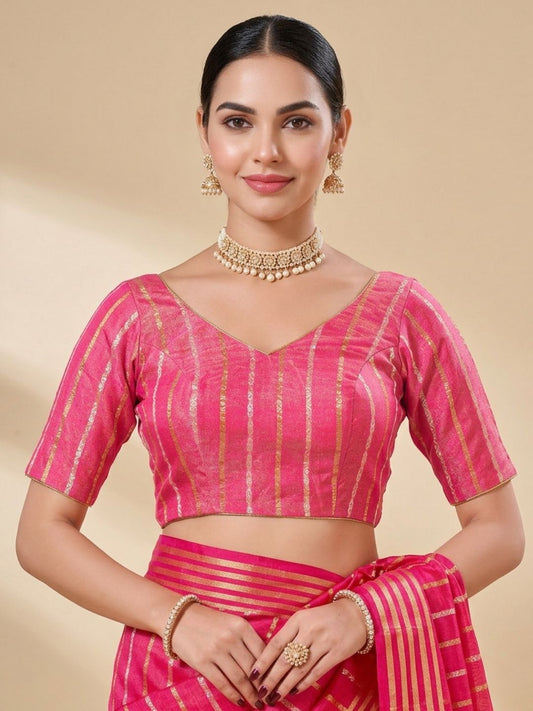 Pink Brocade V Neck Padded Saree Blouse