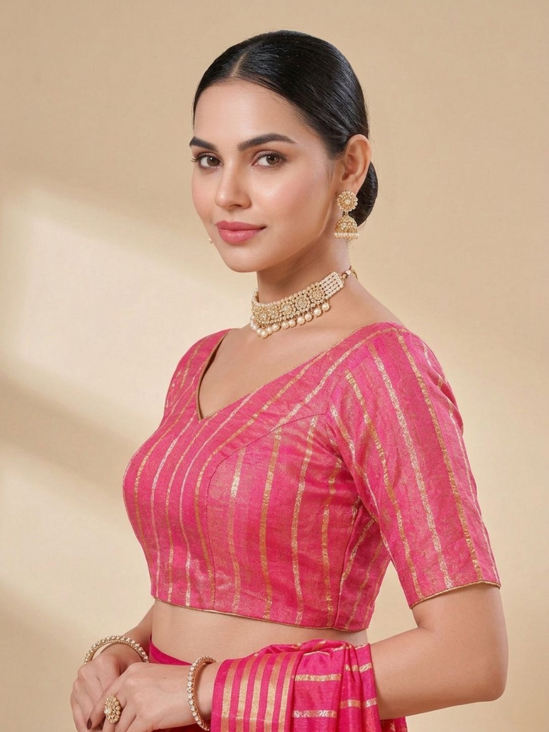 Pink Brocade V Neck Padded Saree Blouse