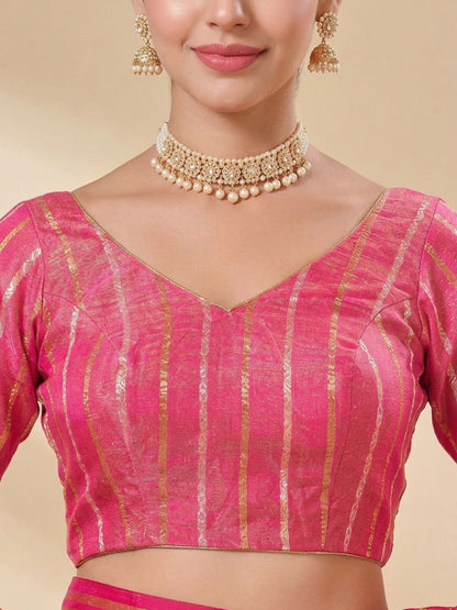 Pink Brocade V Neck Padded Saree Blouse