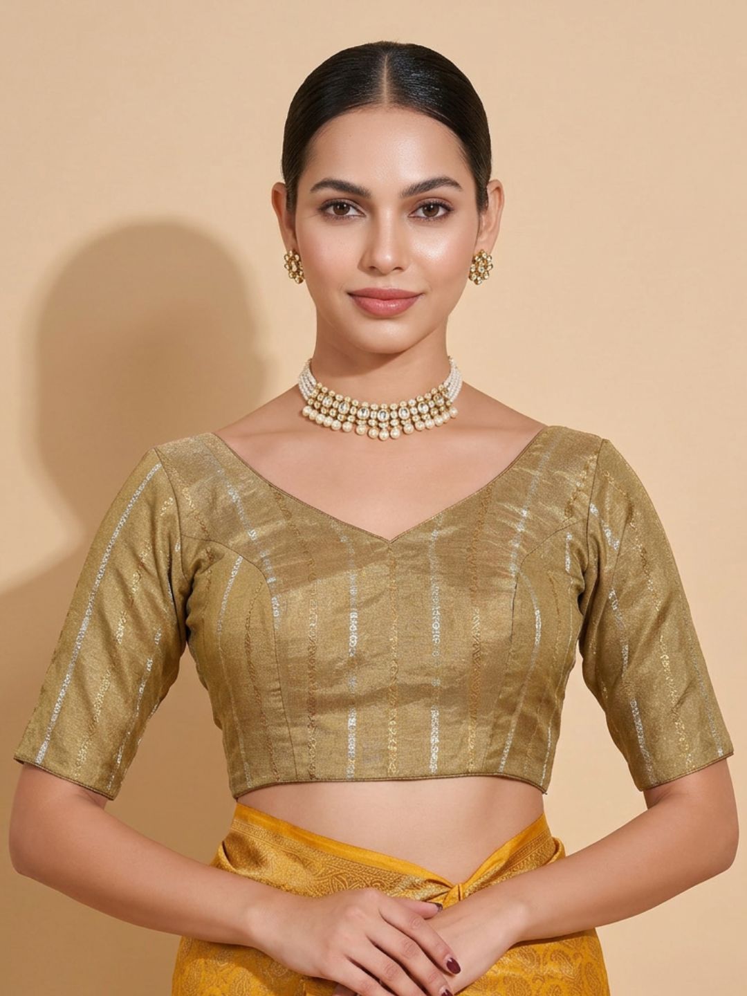 Gold Brocade V Neck Saree Blouse