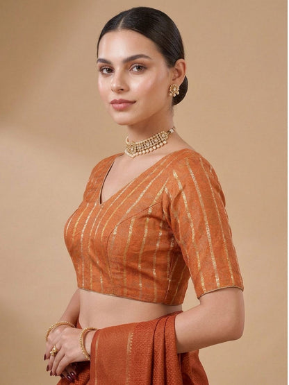 Orange Brocade V Neck Padded Saree Blouse