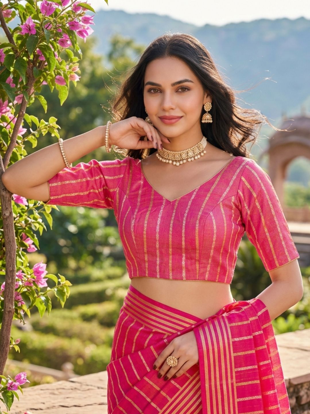 Pink Brocade V Neck Padded Saree Blouse