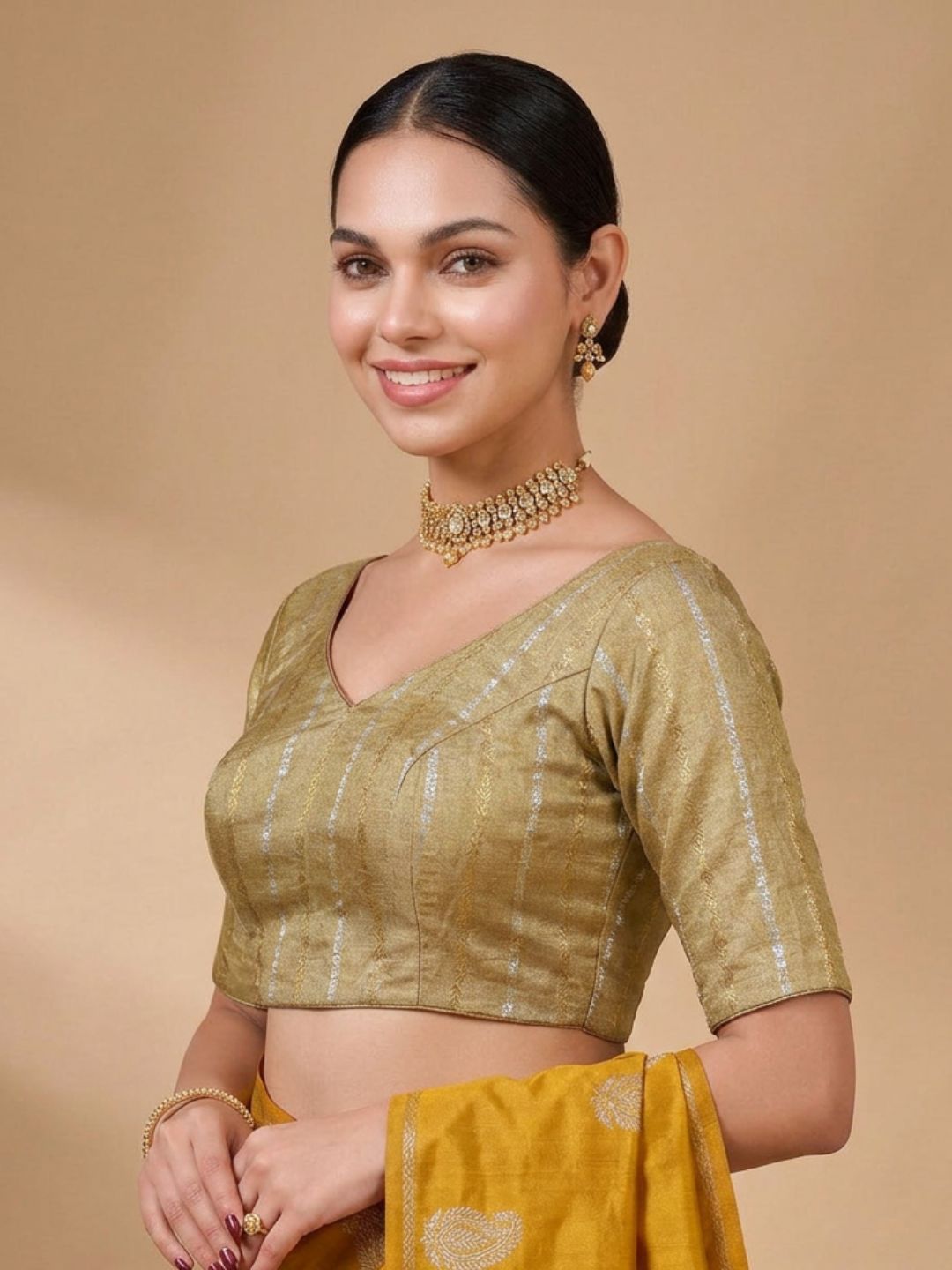 Gold Brocade V Neck Saree Blouse