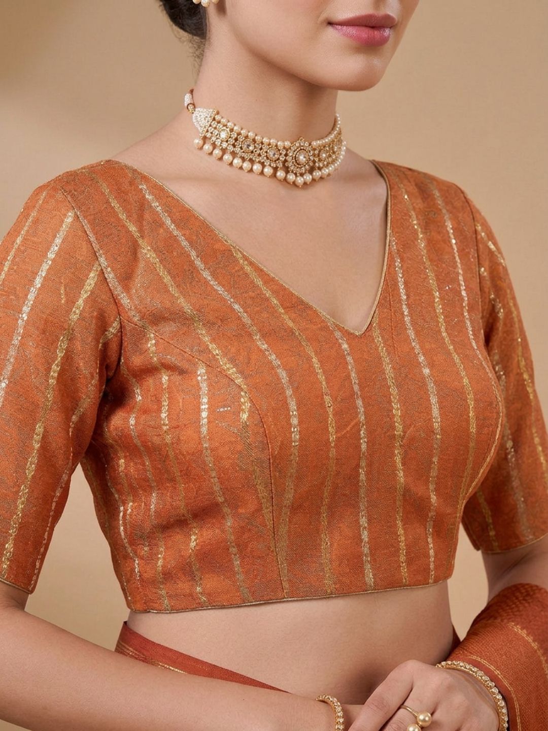 Orange Brocade V Neck Padded Saree Blouse