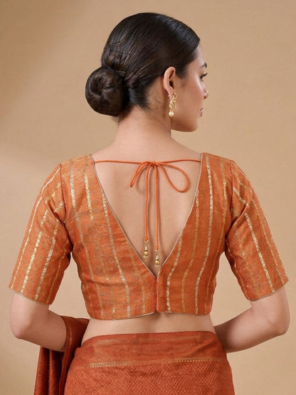 Orange Brocade V Neck Padded Saree Blouse