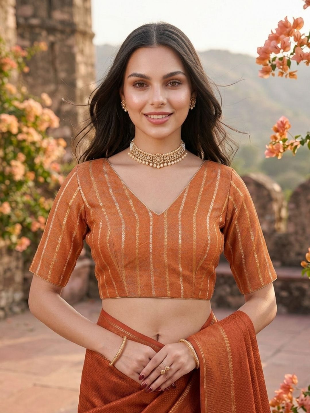 Orange Brocade V Neck Padded Saree Blouse