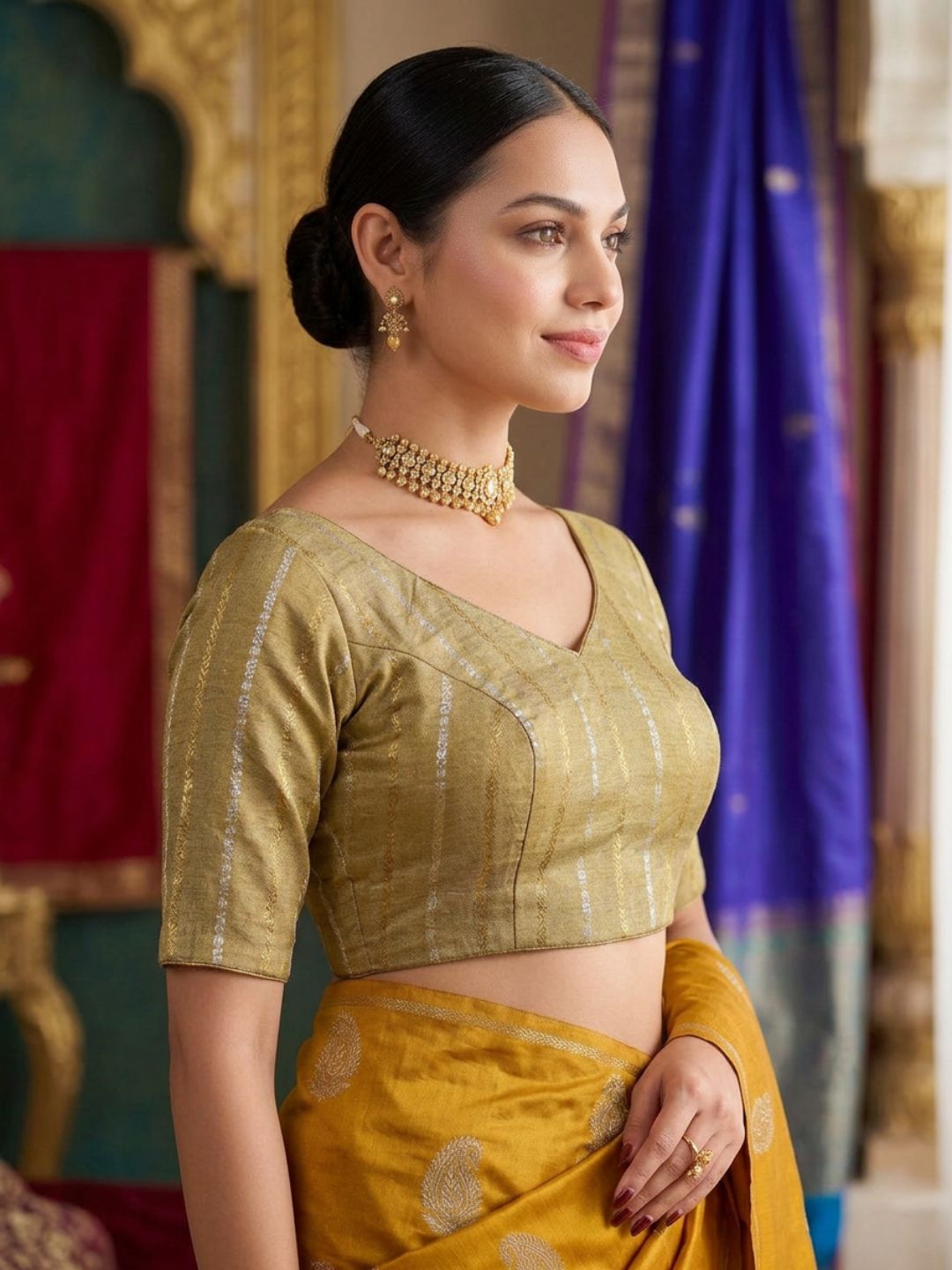 Gold Brocade V Neck Saree Blouse