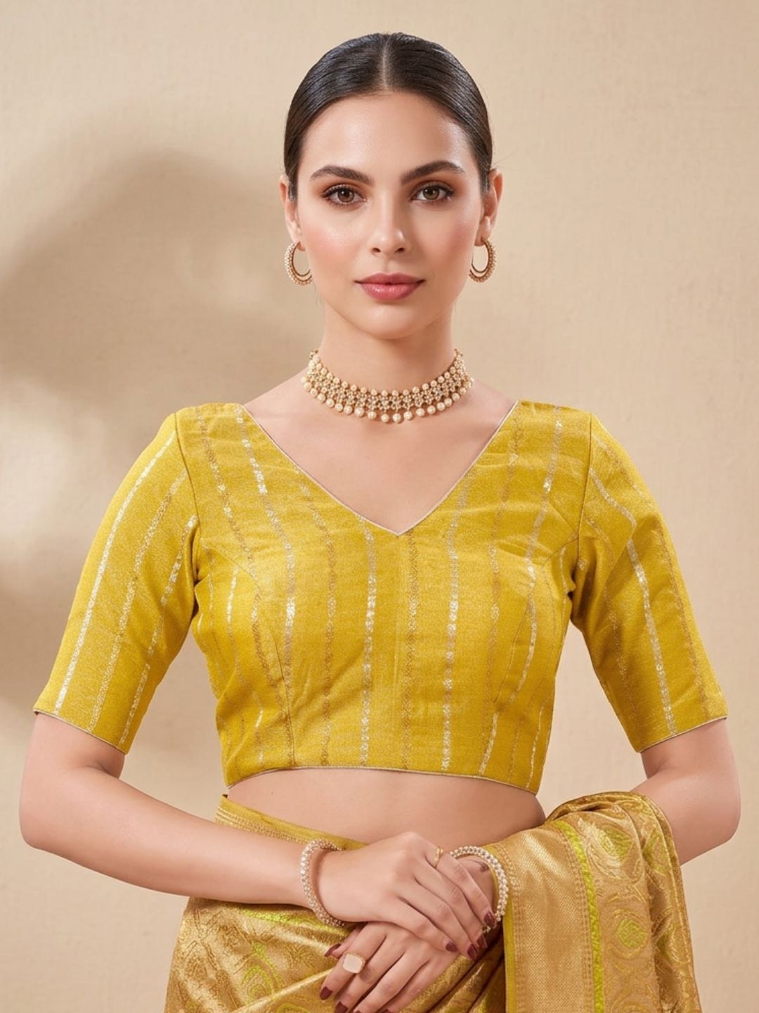 Yellow Brocade V Neck Padded Saree Blouse
