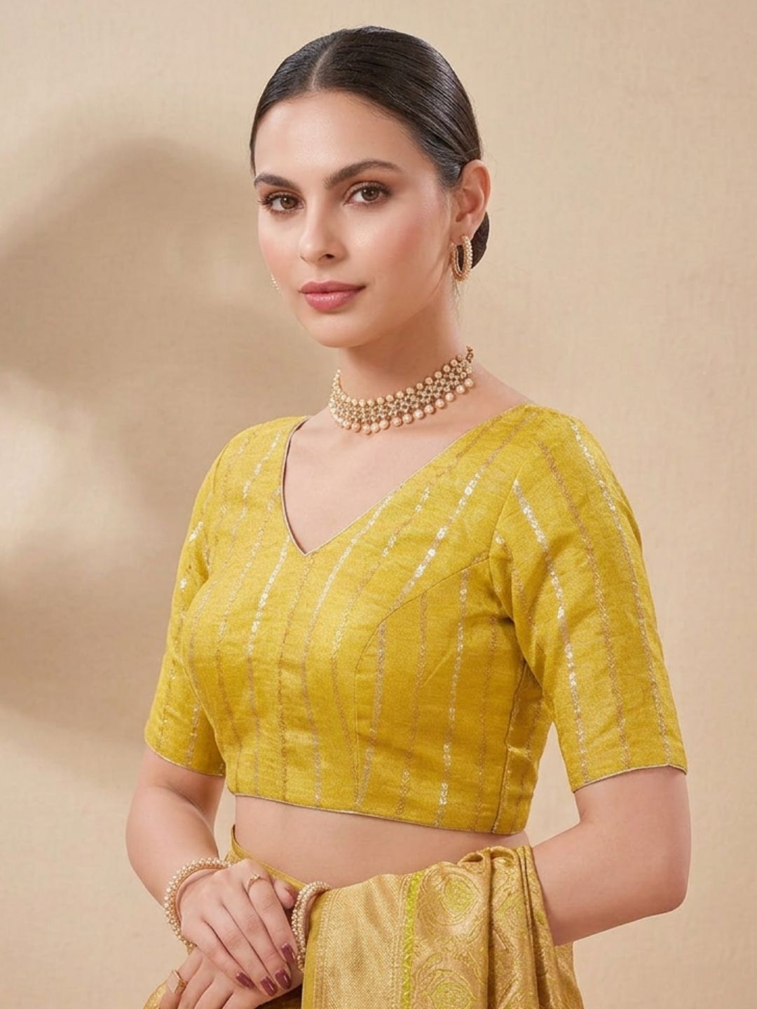 Yellow Brocade V Neck Padded Saree Blouse