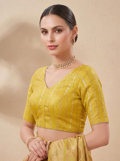 Yellow Brocade V Neck Padded Saree Blouse