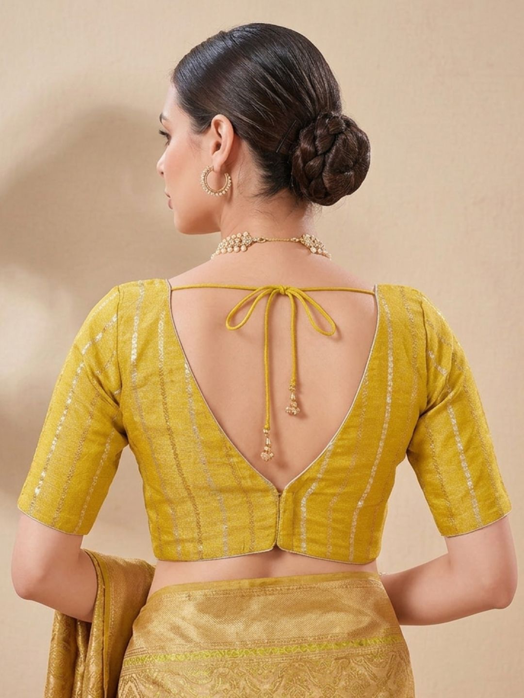 Yellow Brocade V Neck Padded Saree Blouse