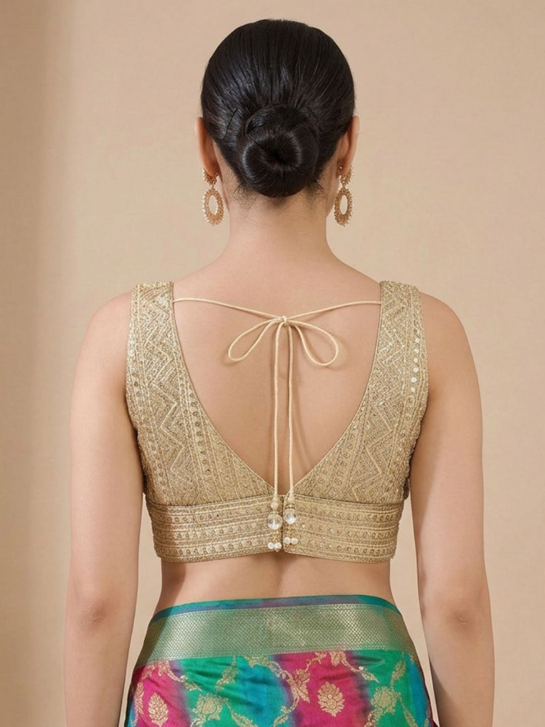 Gold Cotton Embroidered Sleeveless Saree Blouse