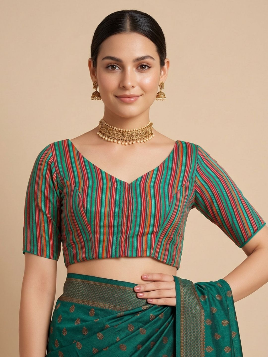 Rama Green Woven Design V Neck Saree Blouse