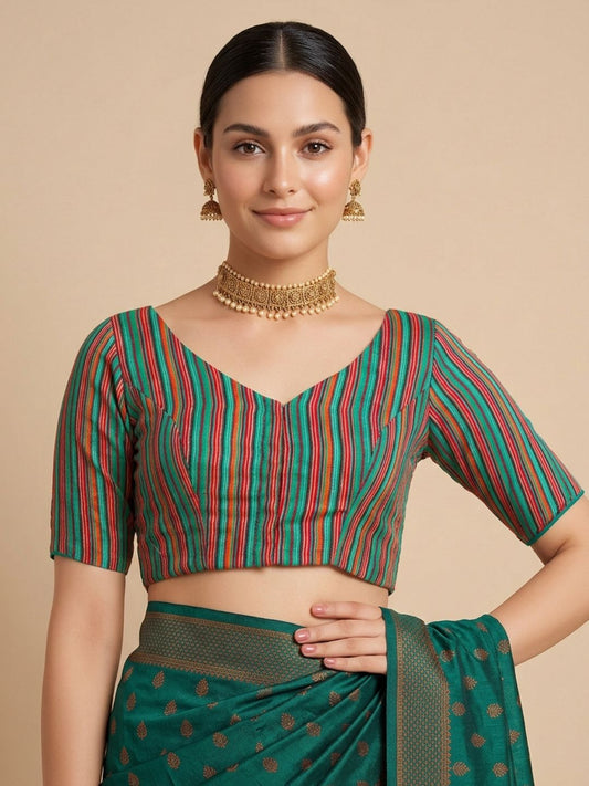 Rama Green Woven Design V Neck Saree Blouse