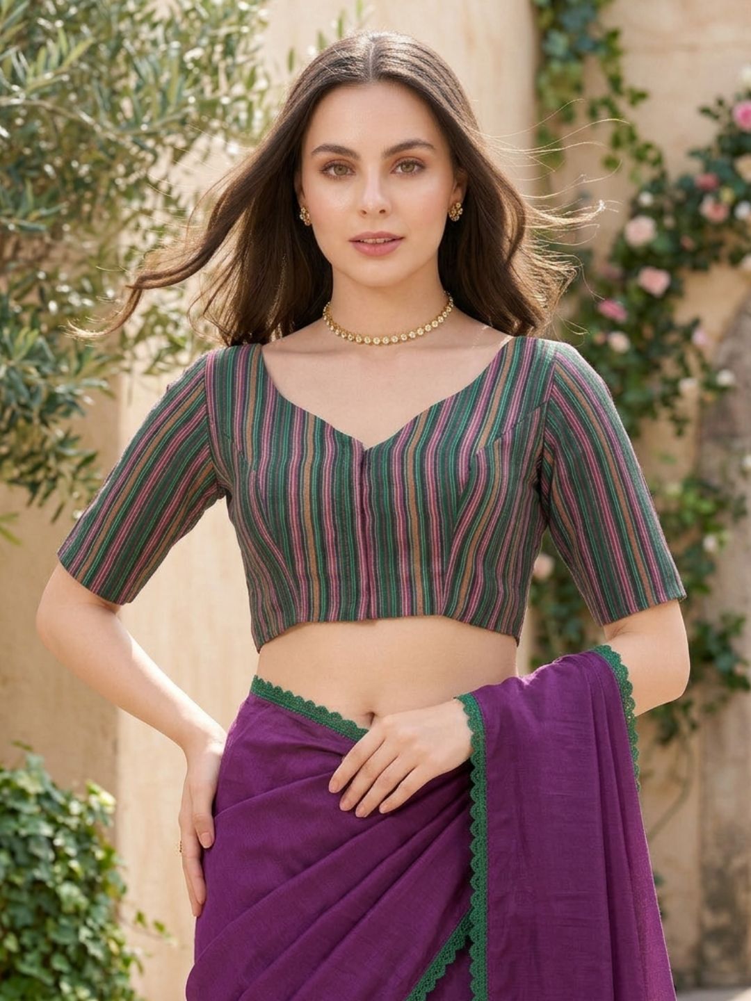 Green Woven Design V Neck Saree Blouse