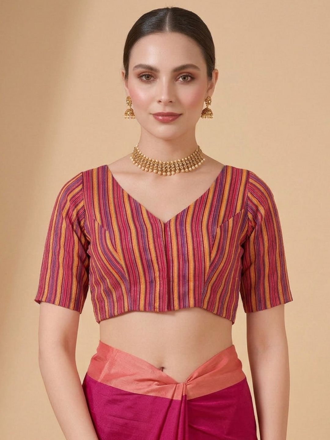 Pink Woven Design V Neck Saree Blouse