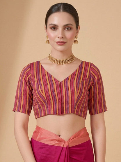 Pink Woven Design V Neck Saree Blouse