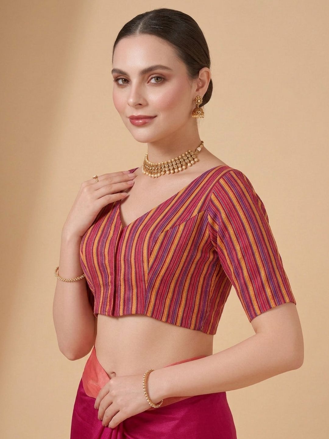 Pink Woven Design V Neck Saree Blouse