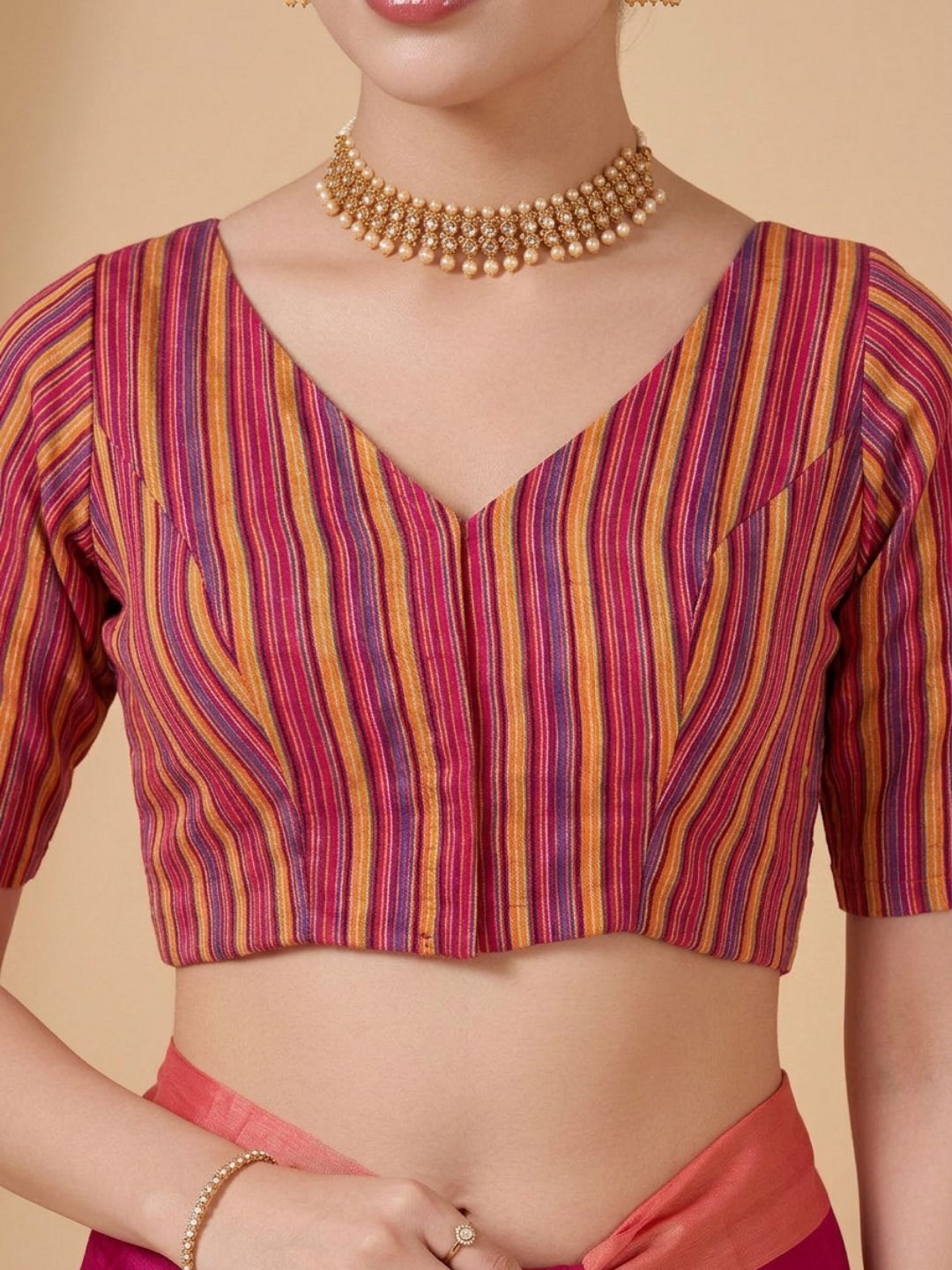 Pink Woven Design V Neck Saree Blouse