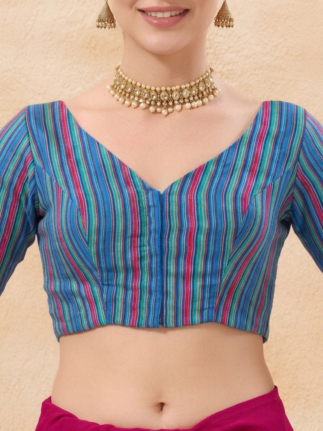 Blue Woven Design V Neck Saree Blouse