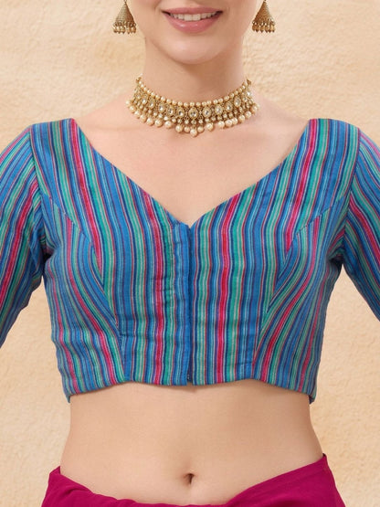 Blue Woven Design V Neck Saree Blouse