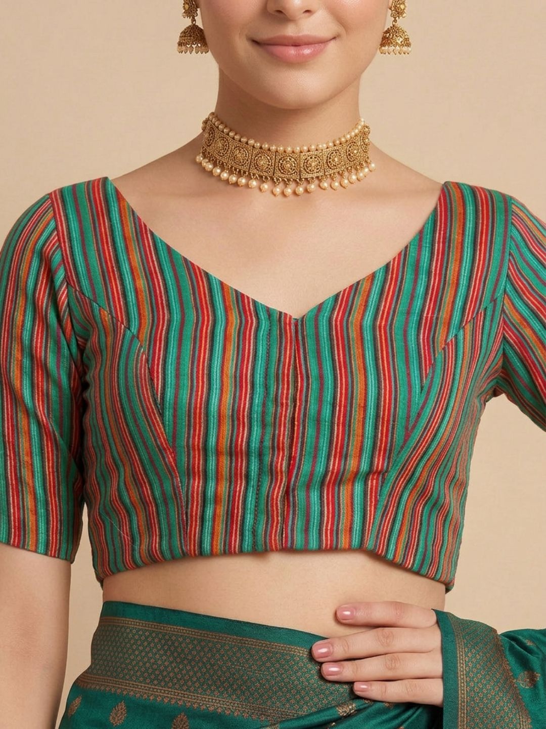 Rama Green Woven Design V Neck Saree Blouse