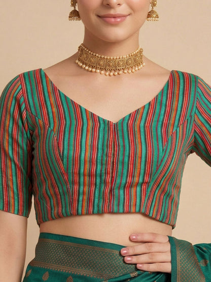 Rama Green Woven Design V Neck Saree Blouse
