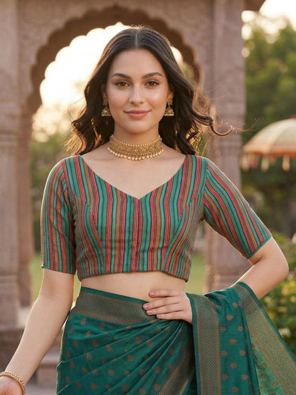 Rama Green Woven Design V Neck Saree Blouse
