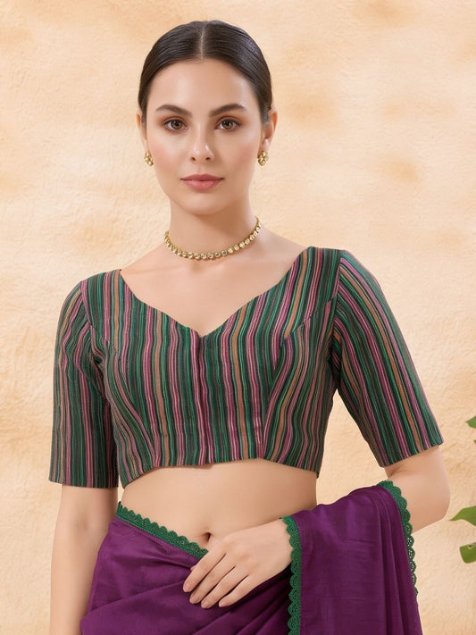 Green Woven Design V Neck Saree Blouse