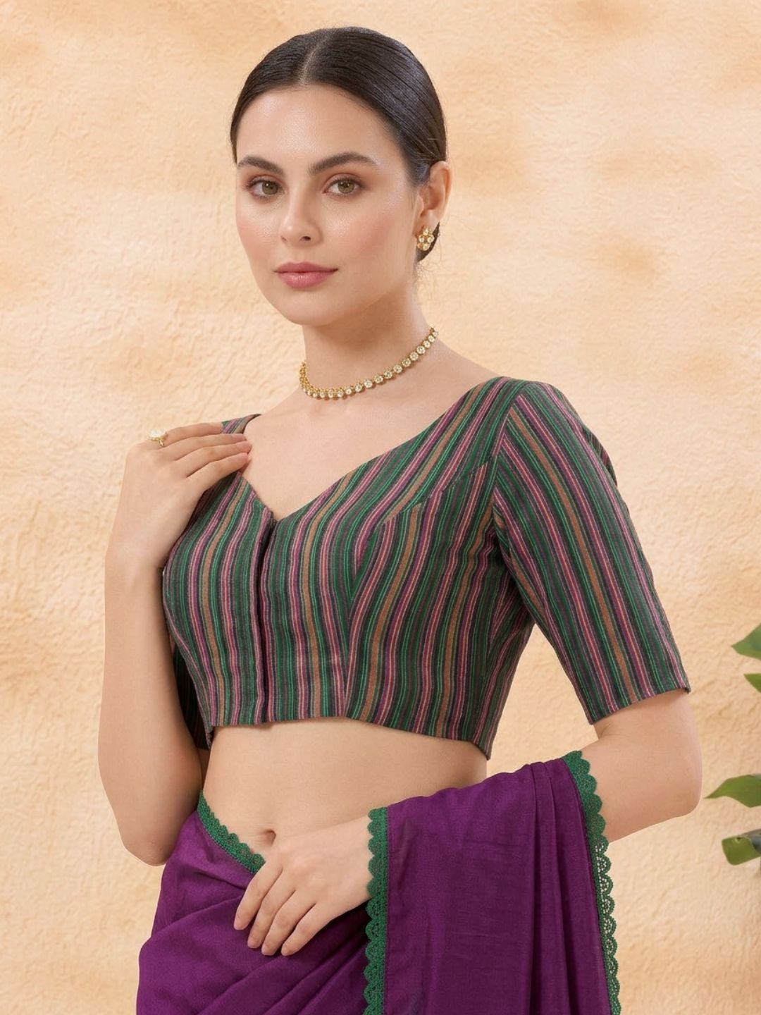 Green Woven Design V Neck Saree Blouse