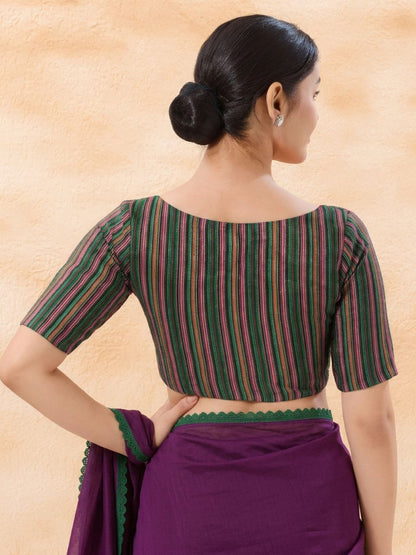 Green Woven Design V Neck Saree Blouse