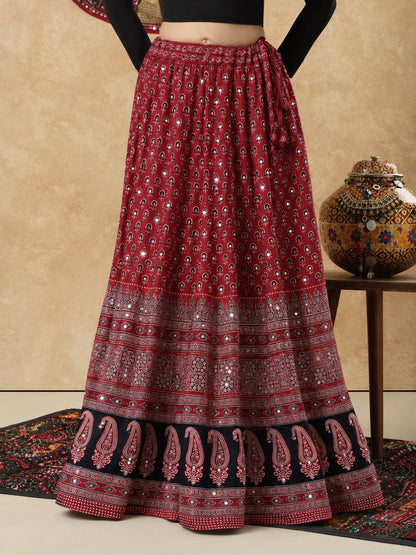 Maroon Ajrakh Mirror Work Garba Cotton Readymade Skirt For Navratri