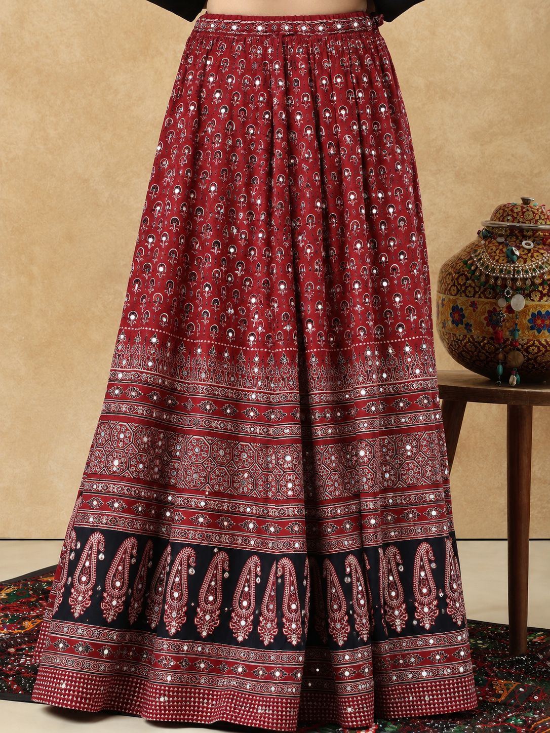 Maroon Ajrakh Mirror Work Garba Cotton Readymade Skirt For Navratri
