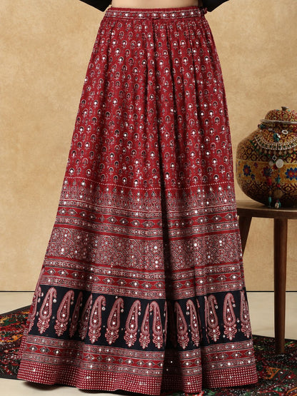Maroon Ajrakh Mirror Work Garba Cotton Readymade Skirt For Navratri