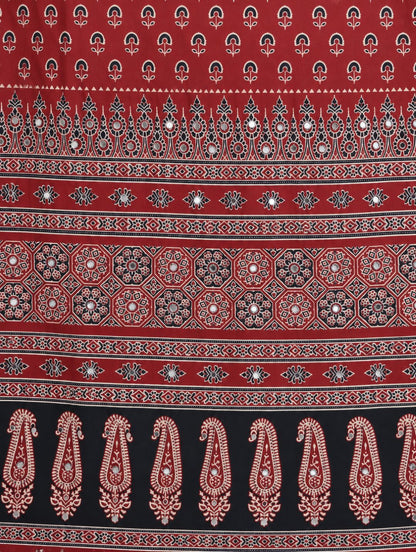 Maroon Ajrakh Mirror Work Garba Cotton Readymade Skirt For Navratri